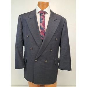 Tom James Mens Double Breasted Glen Check Plaid Blazer 44R Charcoal Grey